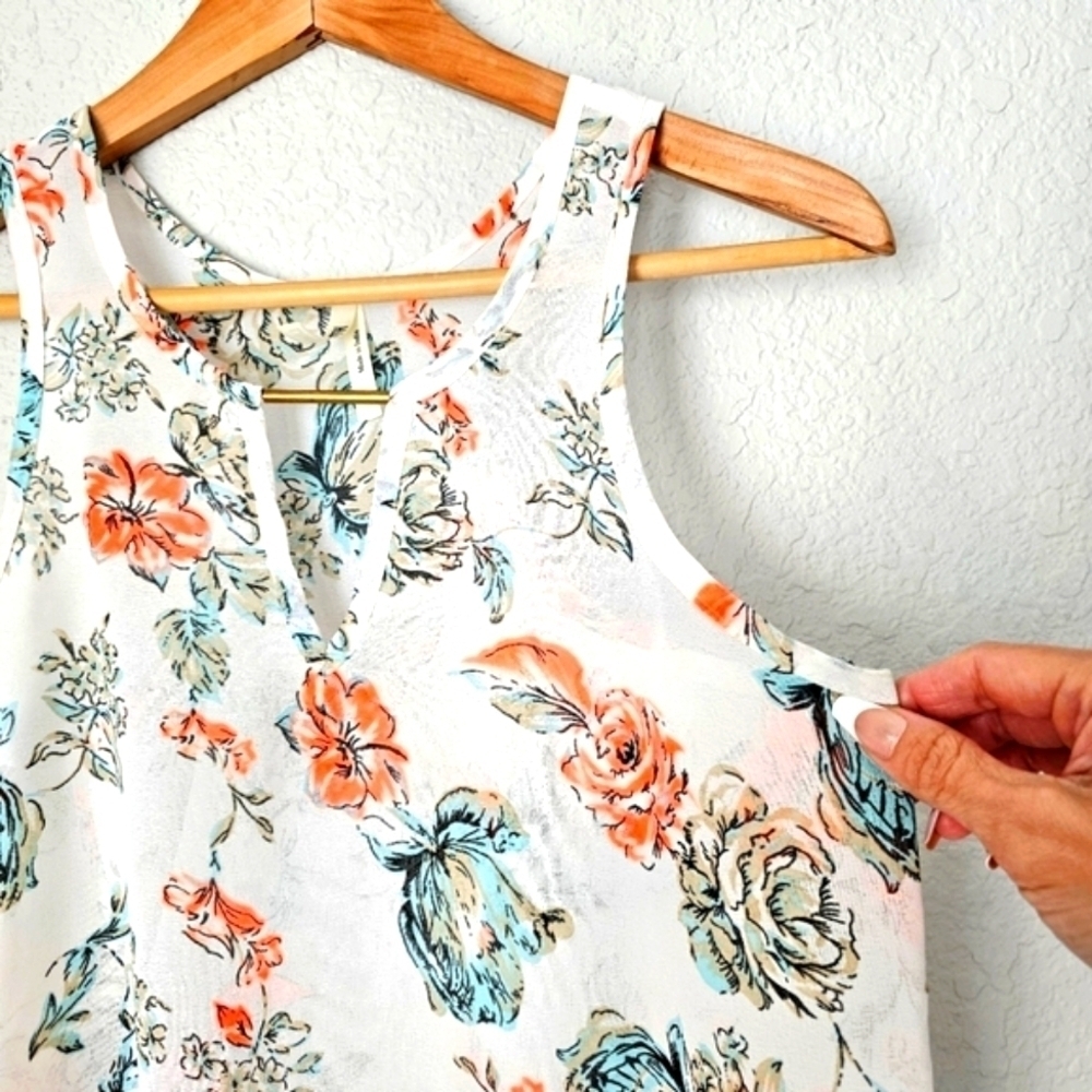 Live 4 Truth Floral Hi-Lo Racerback Tank Top Flowy Sheer Pullover Metal Decor S